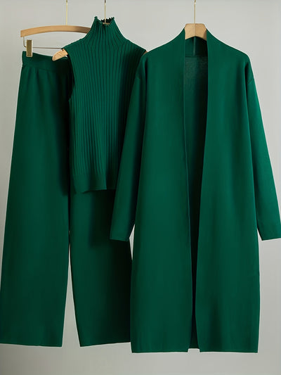 2025 newest suit high elasticity Women's loose suit, long wide-legged pants + shawl cardigan + turtleneck sweater fashion three-piece set Can be worn up to 70kg Suitable for female