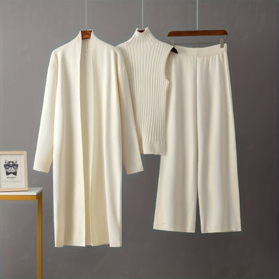 2025 newest suit high elasticity Women's loose suit, long wide-legged pants + shawl cardigan + turtleneck sweater fashion three-piece set Can be worn up to 70kg Suitable for female