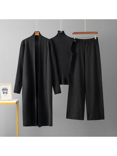 2025 newest suit high elasticity Women's loose suit, long wide-legged pants + shawl cardigan + turtleneck sweater fashion three-piece set Can be worn up to 70kg Suitable for female