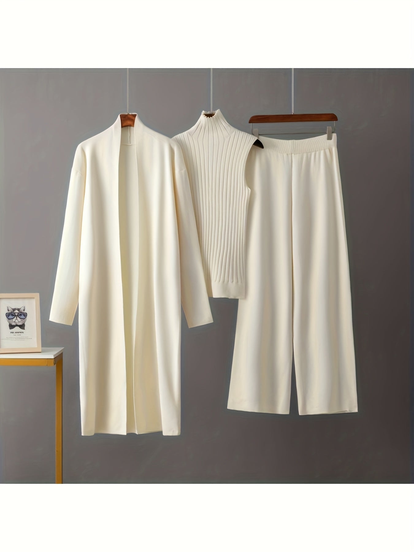 2025 newest suit high elasticity Women's loose suit, long wide-legged pants + shawl cardigan + turtleneck sweater fashion three-piece set Can be worn up to 70kg Suitable for female
