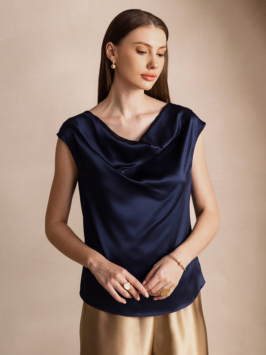 Silk Solid Color Cowl Neck Sleeveless Top