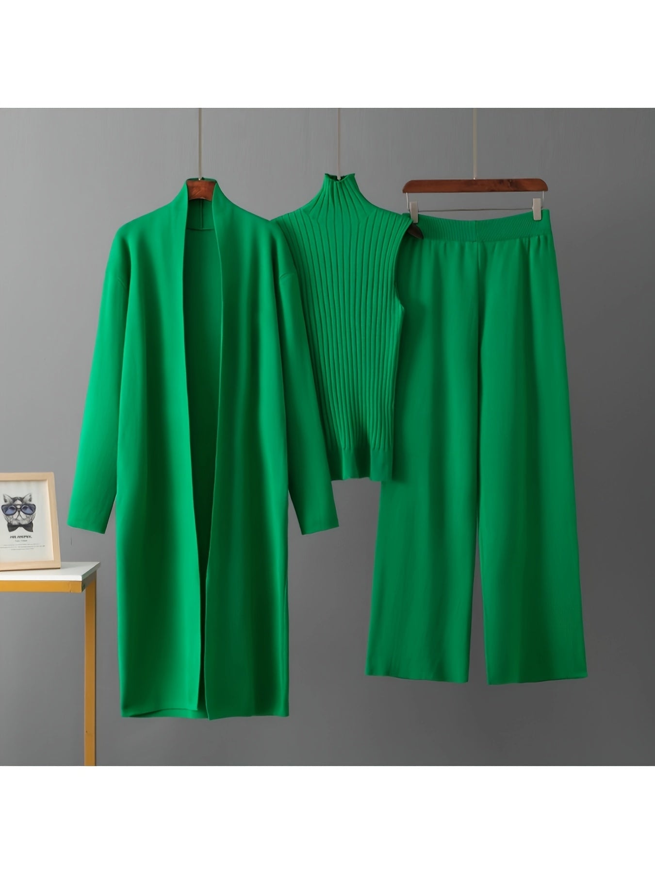 2025 newest suit high elasticity Women's loose suit, long wide-legged pants + shawl cardigan + turtleneck sweater fashion three-piece set Can be worn up to 70kg Suitable for female
