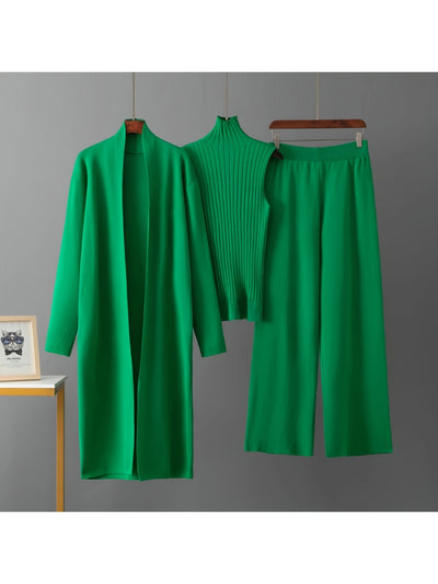 2025 newest suit high elasticity Women's loose suit, long wide-legged pants + shawl cardigan + turtleneck sweater fashion three-piece set Can be worn up to 70kg Suitable for female