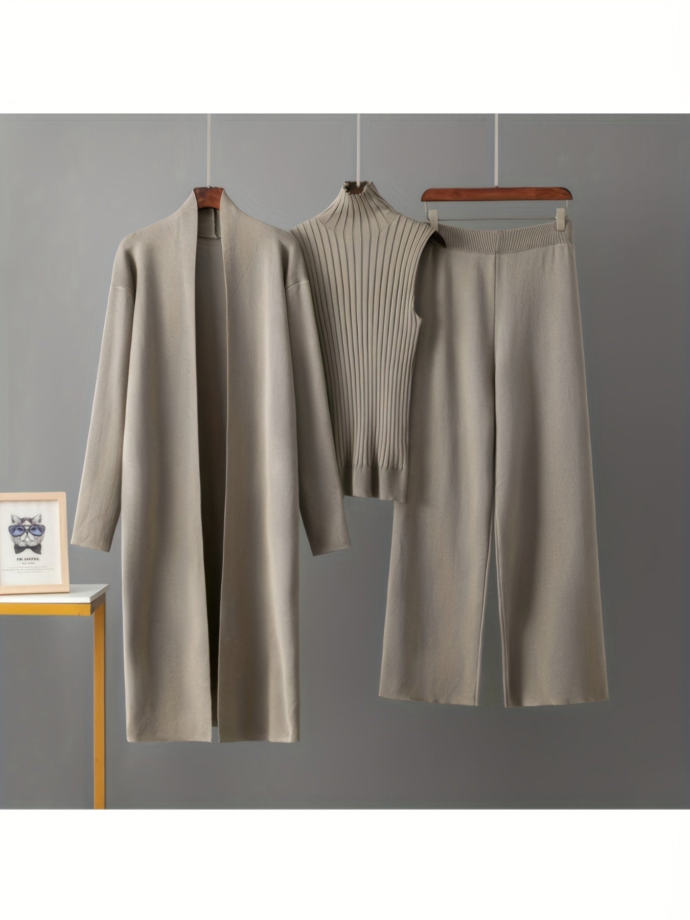 2025 newest suit high elasticity Women's loose suit, long wide-legged pants + shawl cardigan + turtleneck sweater fashion three-piece set Can be worn up to 70kg Suitable for female