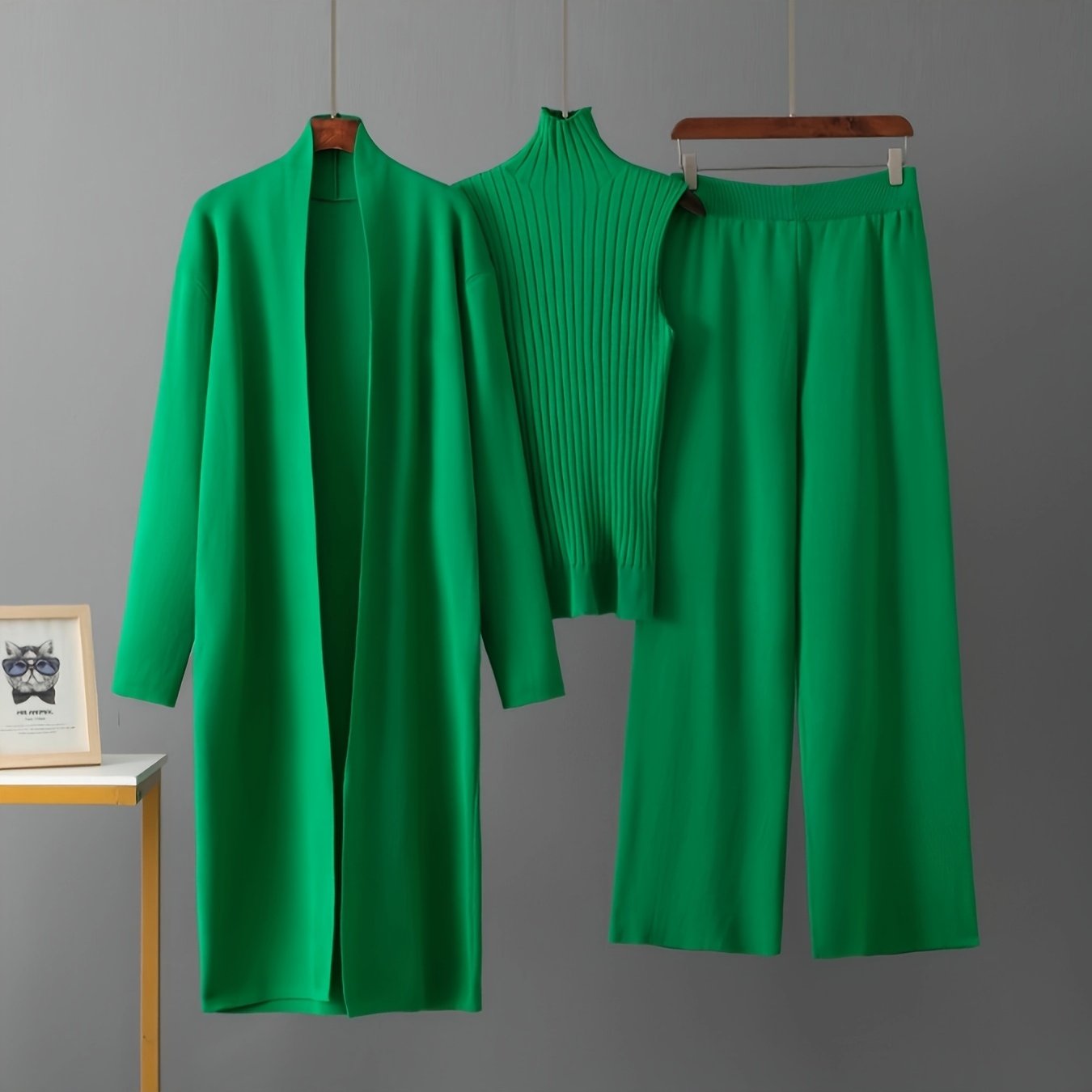 2025 newest suit high elasticity Women's loose suit, long wide-legged pants + shawl cardigan + turtleneck sweater fashion three-piece set Can be worn up to 70kg Suitable for female