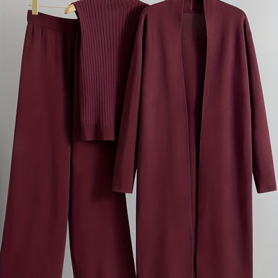 2025 newest suit high elasticity Women's loose suit, long wide-legged pants + shawl cardigan + turtleneck sweater fashion three-piece set Can be worn up to 70kg Suitable for female