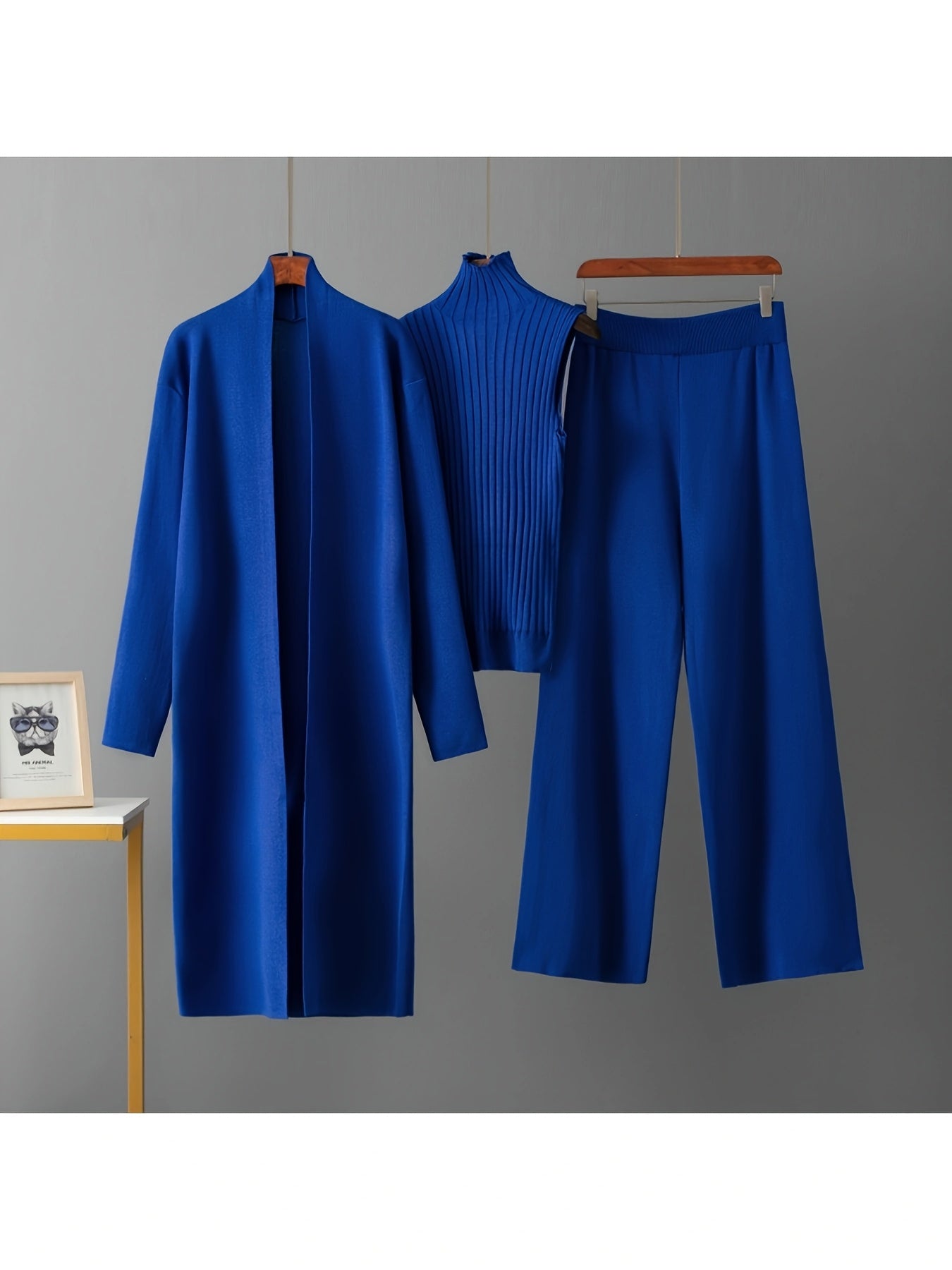 2025 newest suit high elasticity Women's loose suit, long wide-legged pants + shawl cardigan + turtleneck sweater fashion three-piece set Can be worn up to 70kg Suitable for female