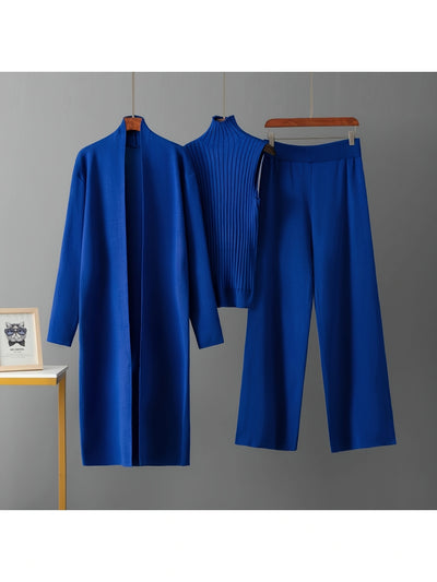 2025 newest suit high elasticity Women's loose suit, long wide-legged pants + shawl cardigan + turtleneck sweater fashion three-piece set Can be worn up to 70kg Suitable for female