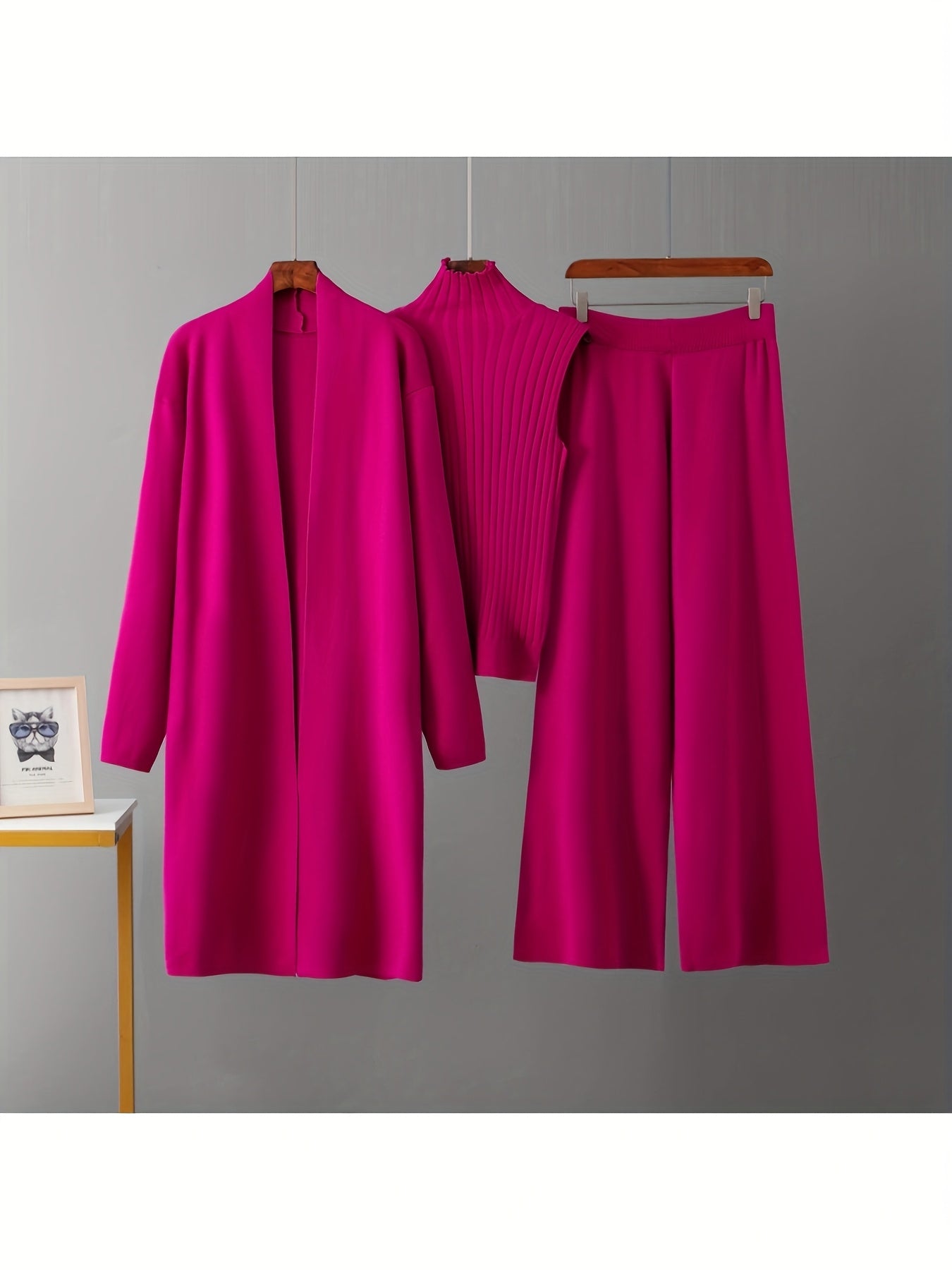 2025 newest suit high elasticity Women's loose suit, long wide-legged pants + shawl cardigan + turtleneck sweater fashion three-piece set Can be worn up to 70kg Suitable for female