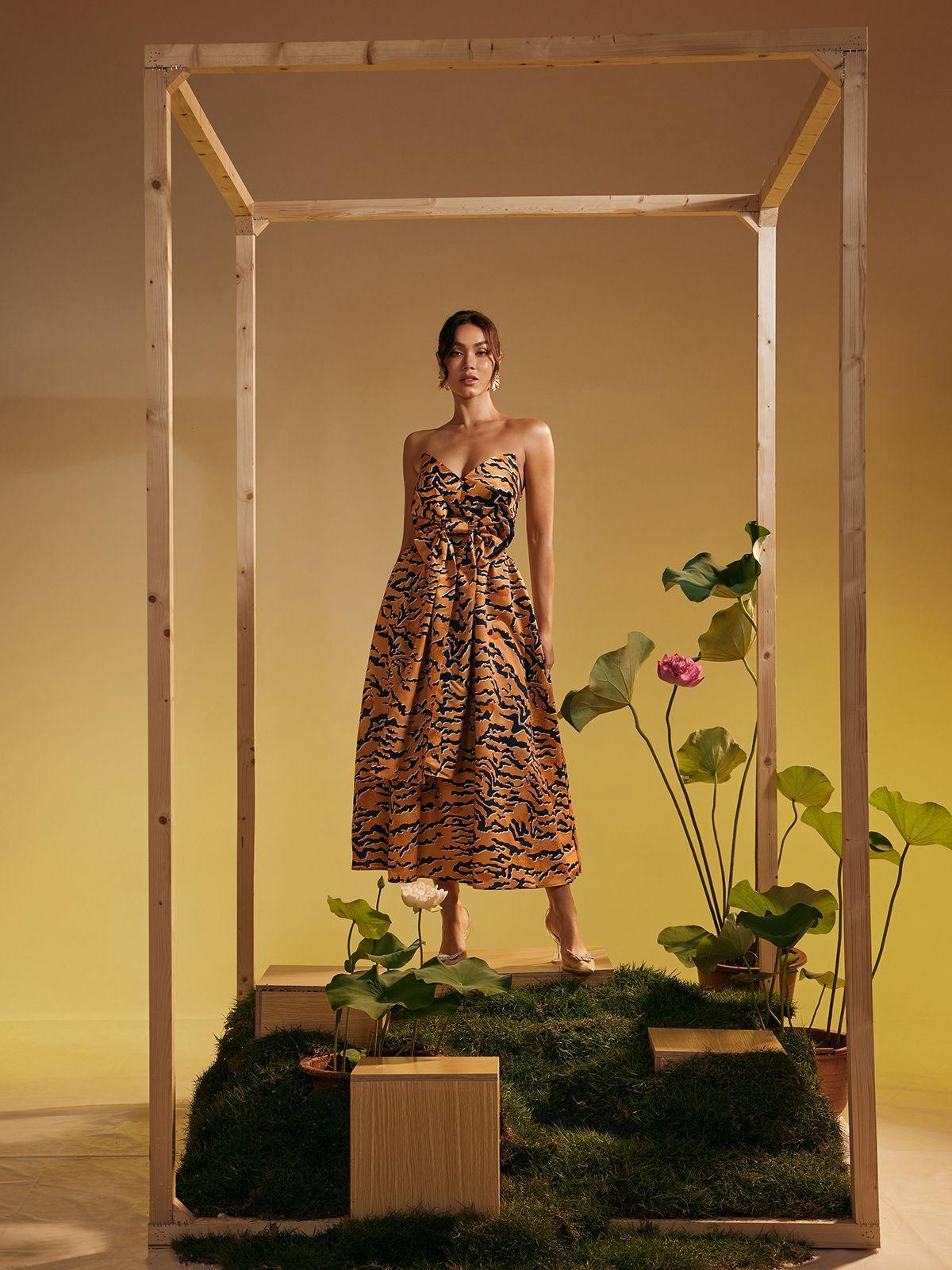 Tiger Printed Bow Midi Dress