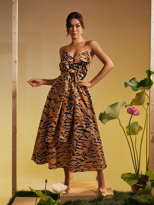 Tiger Printed Bow Midi Dress