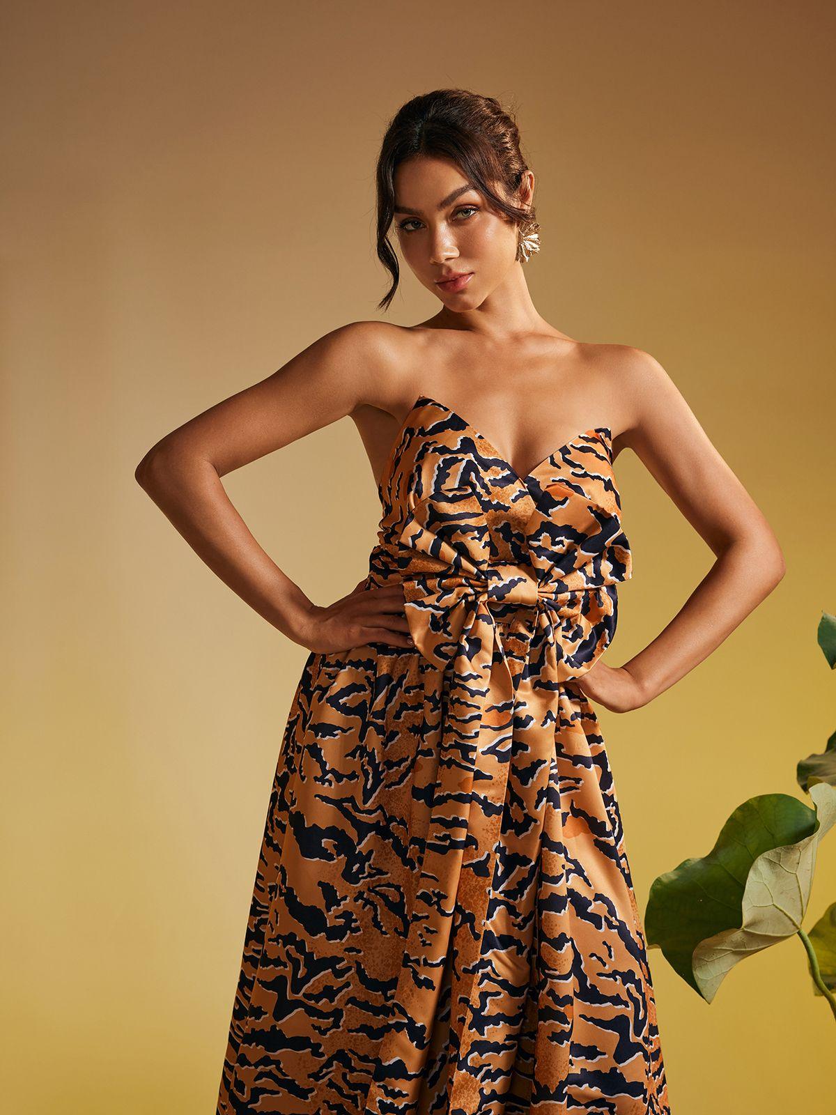 Tiger Printed Bow Midi Dress