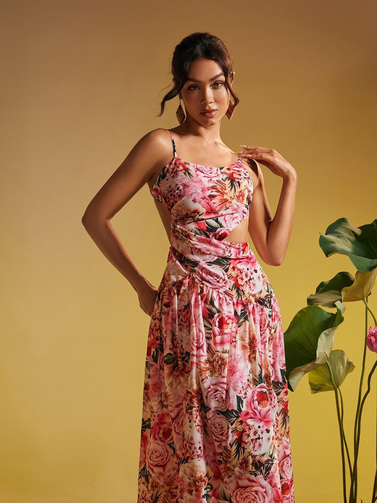 Acie Spaghetti Floral Print Midi Dress