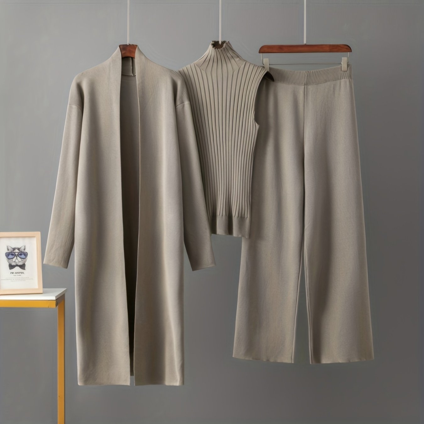 2025 newest suit high elasticity Women's loose suit, long wide-legged pants + shawl cardigan + turtleneck sweater fashion three-piece set Can be worn up to 70kg Suitable for female