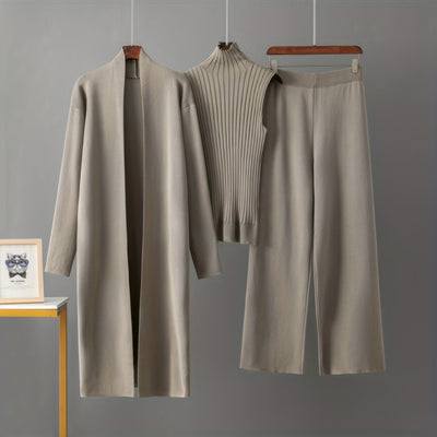 2025 newest suit high elasticity Women's loose suit, long wide-legged pants + shawl cardigan + turtleneck sweater fashion three-piece set Can be worn up to 70kg Suitable for female