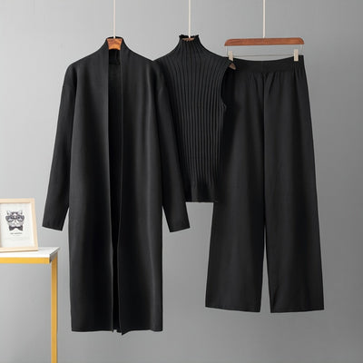 2025 newest suit high elasticity Women's loose suit, long wide-legged pants + shawl cardigan + turtleneck sweater fashion three-piece set Can be worn up to 70kg Suitable for female