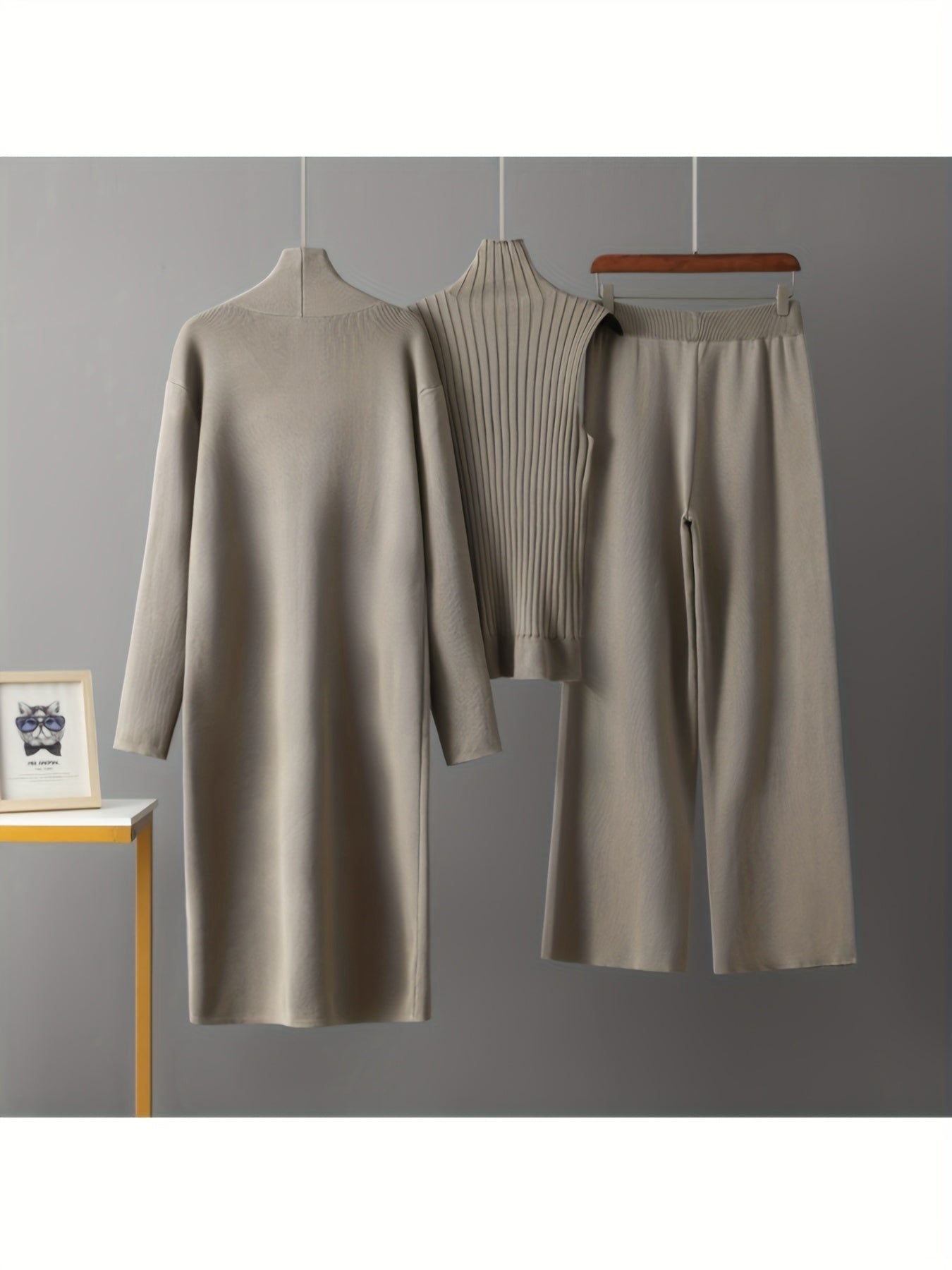 2025 newest suit high elasticity Women's loose suit, long wide-legged pants + shawl cardigan + turtleneck sweater fashion three-piece set Can be worn up to 70kg Suitable for female