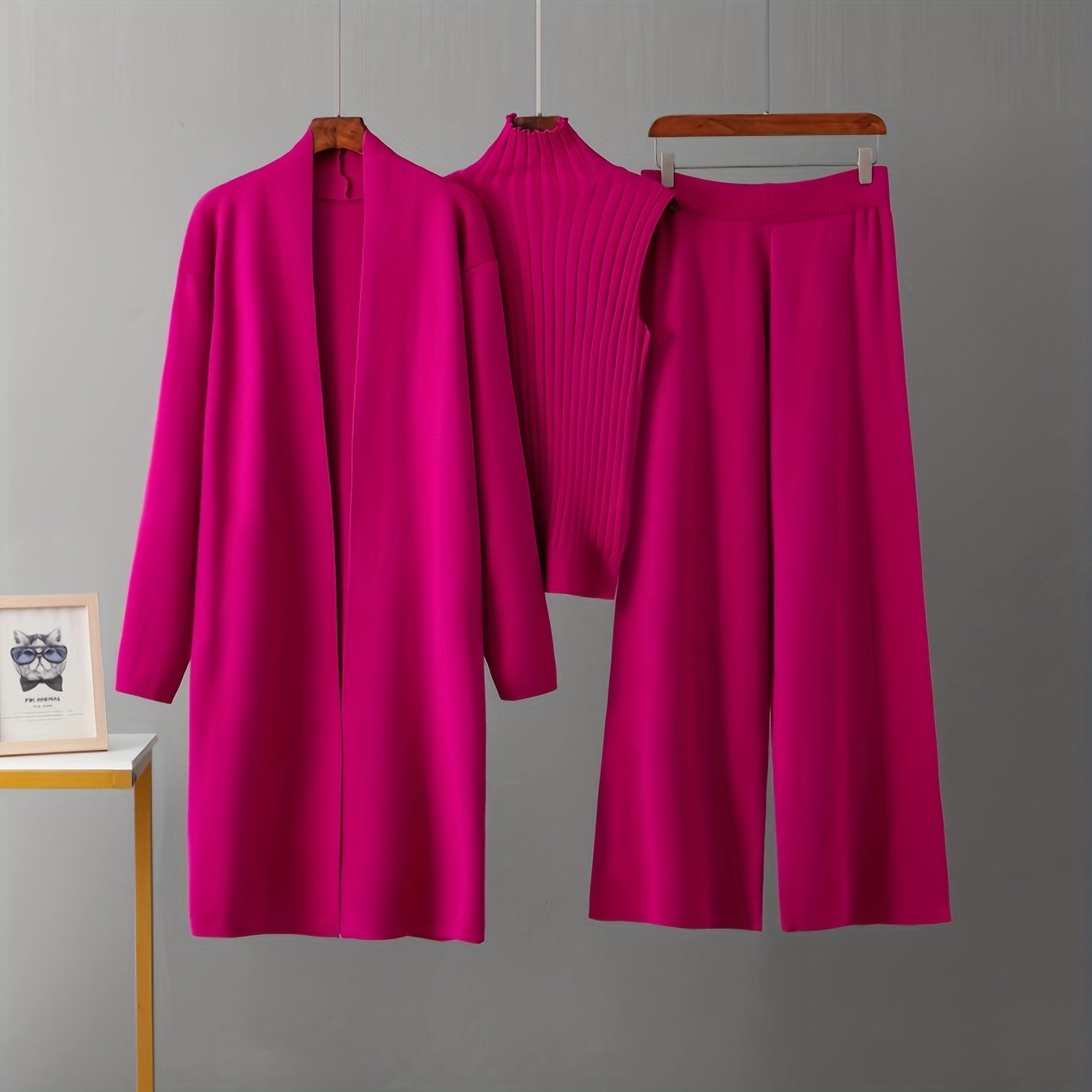 2025 newest suit high elasticity Women's loose suit, long wide-legged pants + shawl cardigan + turtleneck sweater fashion three-piece set Can be worn up to 70kg Suitable for female