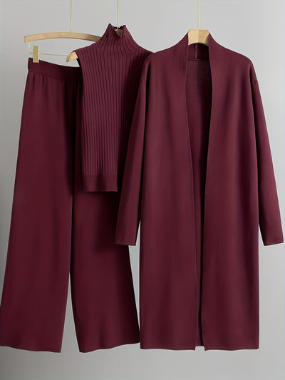 2025 newest suit high elasticity Women's loose suit, long wide-legged pants + shawl cardigan + turtleneck sweater fashion three-piece set Can be worn up to 70kg Suitable for female