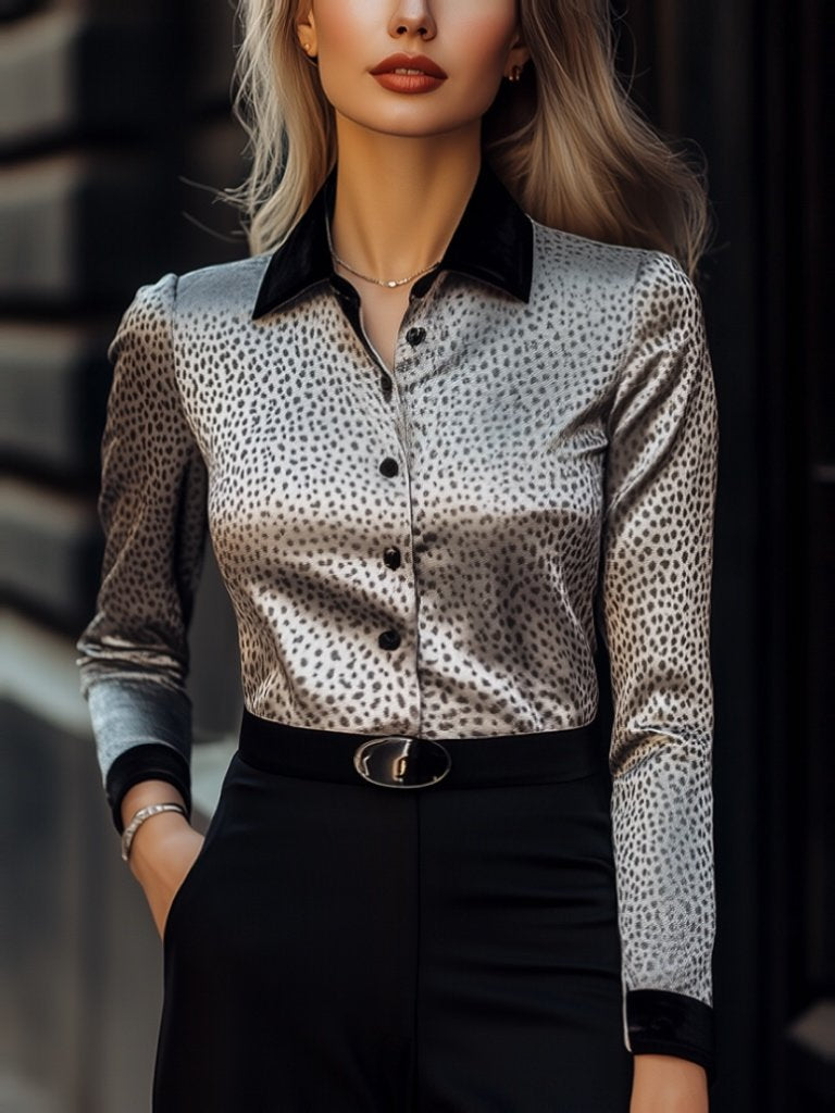 Style ™ | Grey Leopard-Print Satin Blouse