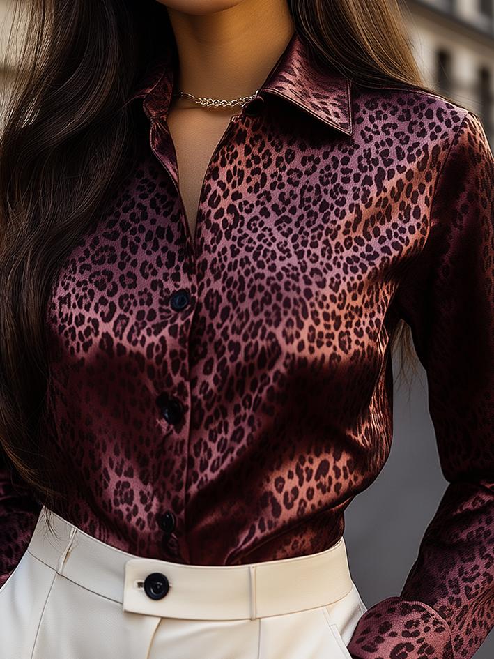 Style ™ | Dark Red Leopard Print Satin Blouse