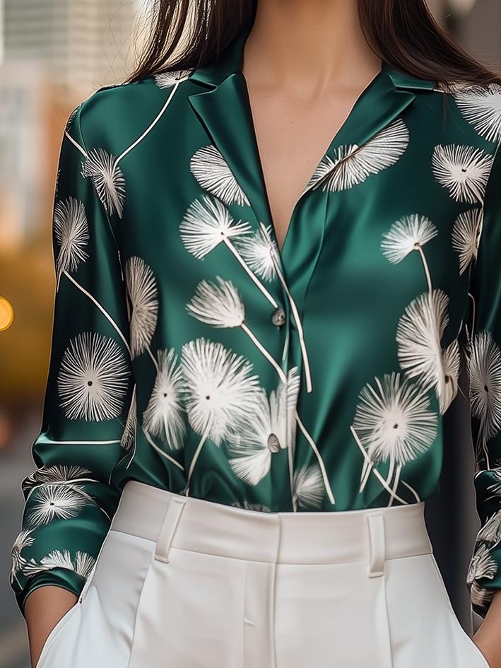 Style ™ | Green Dandelion-Print Satin Blouse