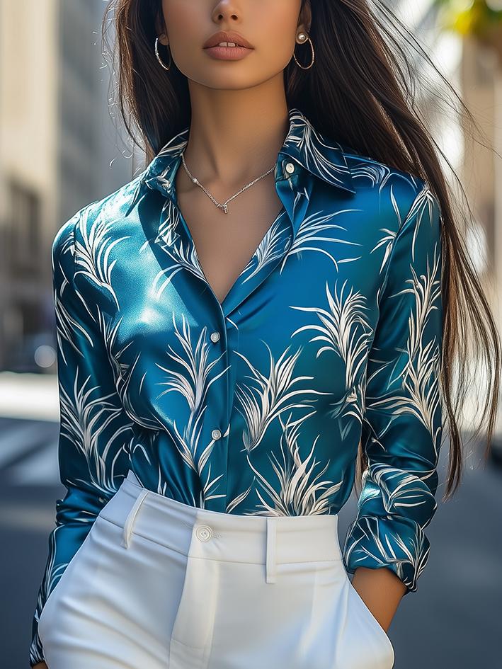 Style ™ | Peacock White Floral-Print Satin Blouse