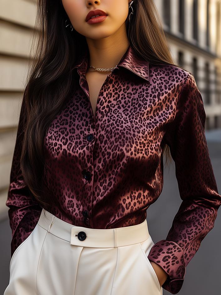 Style ™ | Dark Red Leopard Print Satin Blouse