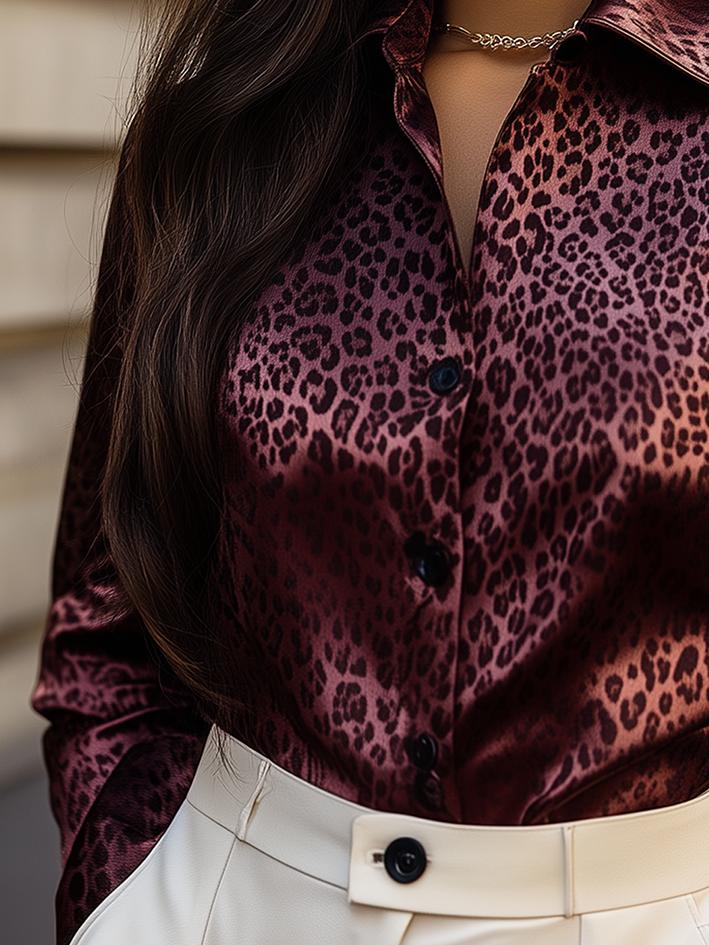 Style ™ | Dark Red Leopard Print Satin Blouse